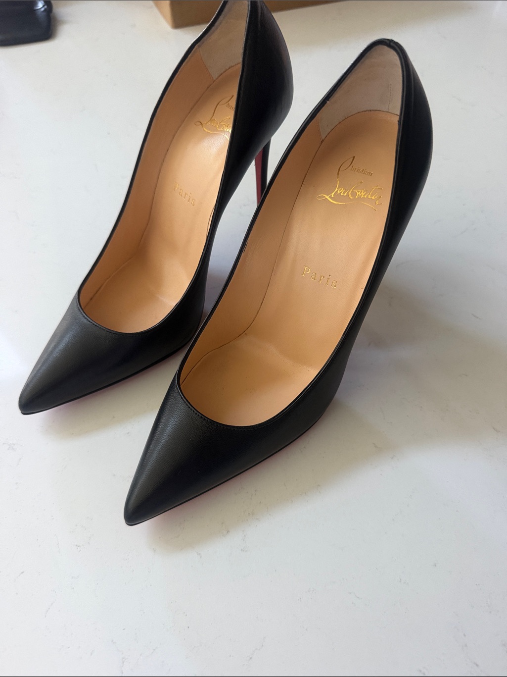 Christian Louboutin Black Leather Pointed-Toe Stilettos With Signature Red Sole